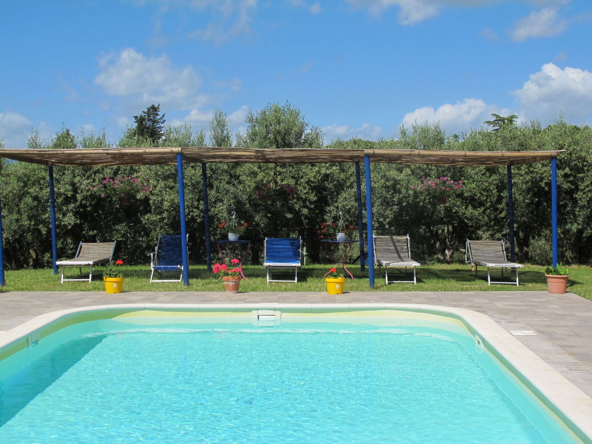 Une piscine dotée d’une pergola et de chaises longues.