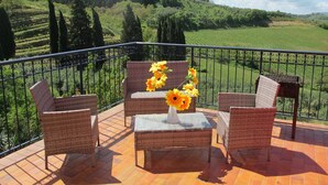 A terrace with wicker furniture and a vase of sunflowers, overlooking a green landscape with vineyards. - Beautiful apartment for 6 people with pool, WIFI, TV, patio, pets allowed and panoramic view (Certaldo)
