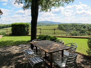 Outdoor dining - Beautiful apartment in villa with WIFI, pool, A/C, TV, patio, pets allowed and panoramic view (Castellina In Chianti)