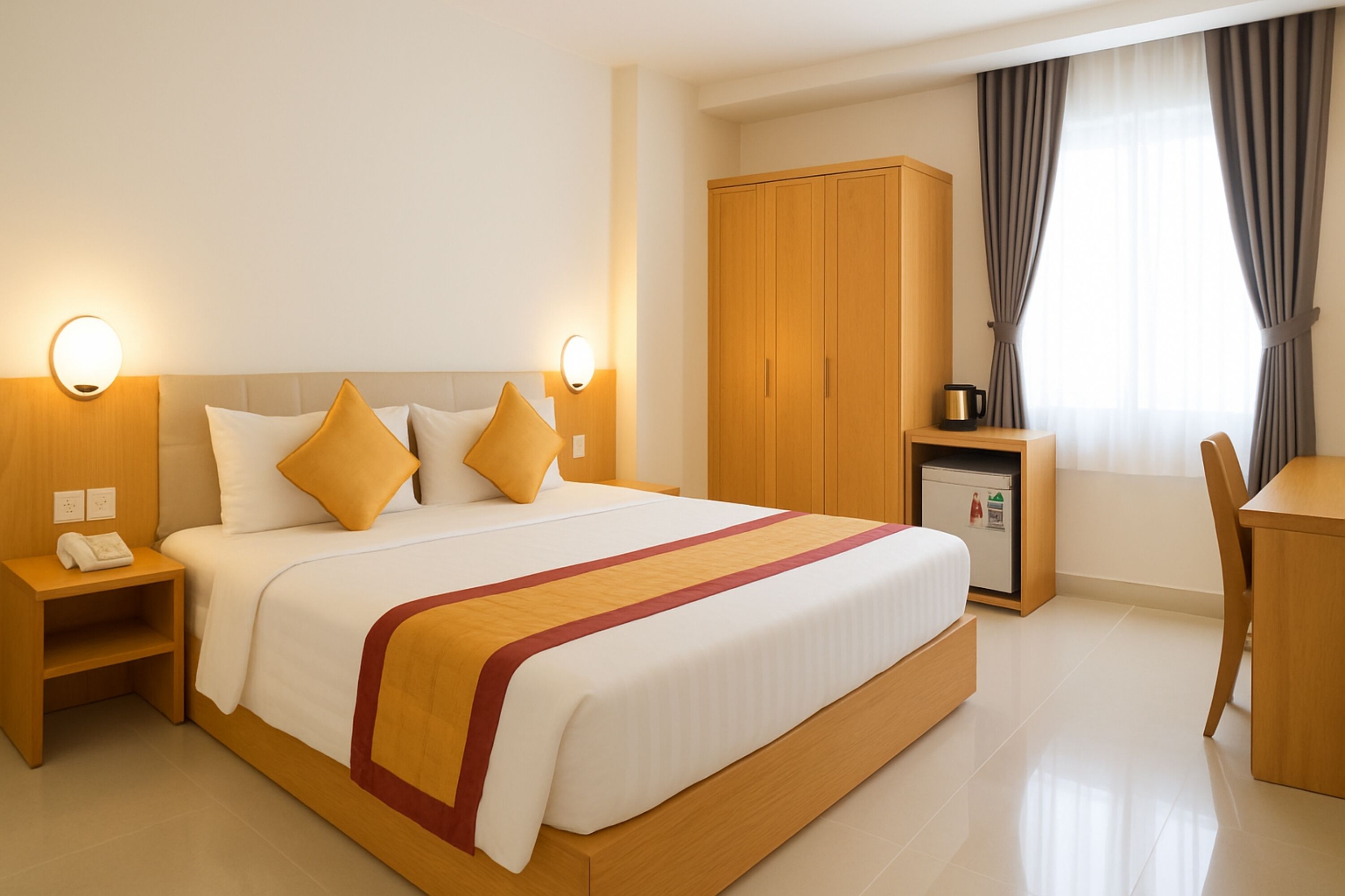 Minibar, desk, laptop workspace, blackout curtains