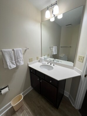 Séchoir à cheveux, serviettes fournies, papier de toilette