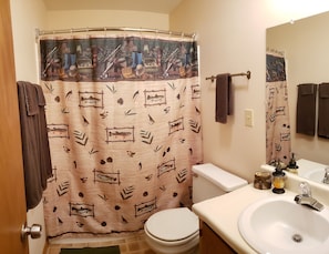 Combined shower/bathtub, hair dryer, towels, soap