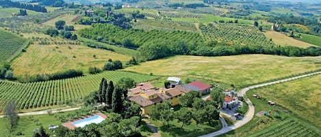 Vista aérea de un viñedo con campos en terrazas, un edificio central con techo rojo y una piscina.