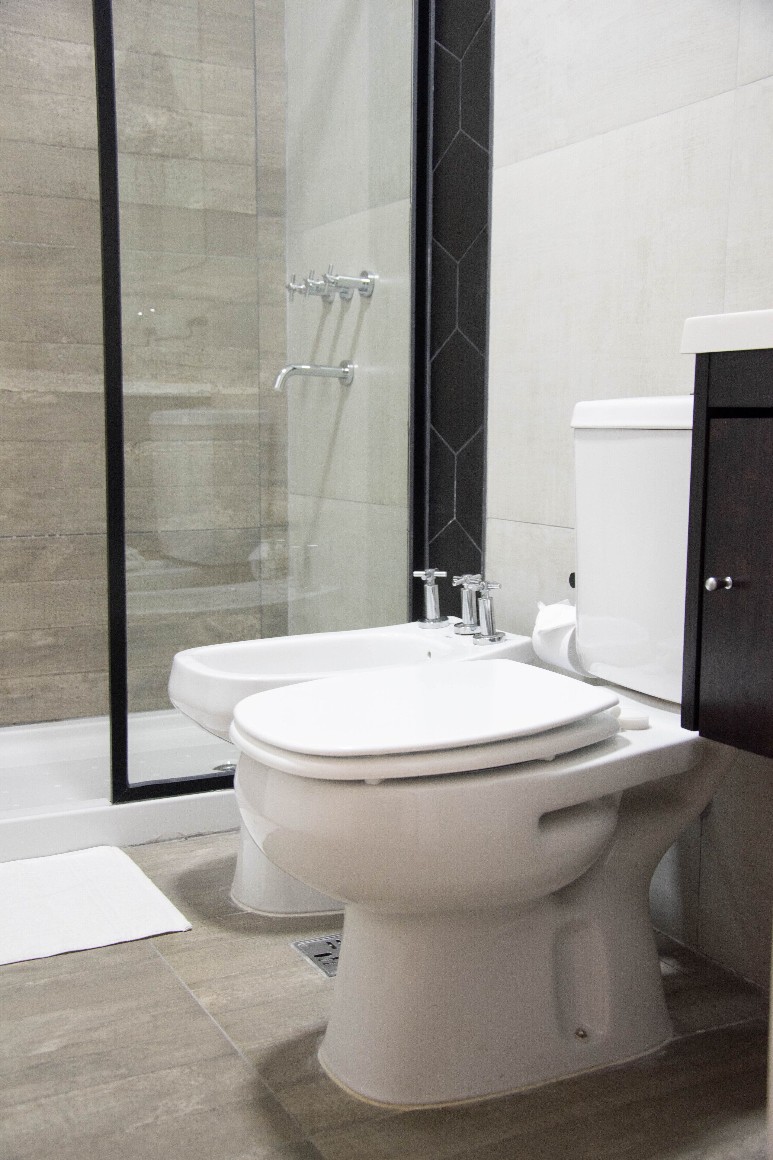 A modern bathroom with a glass shower enclosure, a white toilet, and a sink.