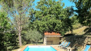 A rectangular swimming pool with a tiled edge, surrounded by a stone wall and a small building with a tiled roof. - Cosy apartment in villa for 2 people with WIFI, pool, terrace, pets allowed and panoramic view (Pulicciano)
