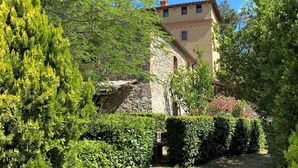 A stone building with a tiled roof, surrounded by lush greenery and a well-maintained hedge. - Beautiful apartment for 6 guests with WIFI, pool, A/C, TV and terrace (Podere Dottrina)