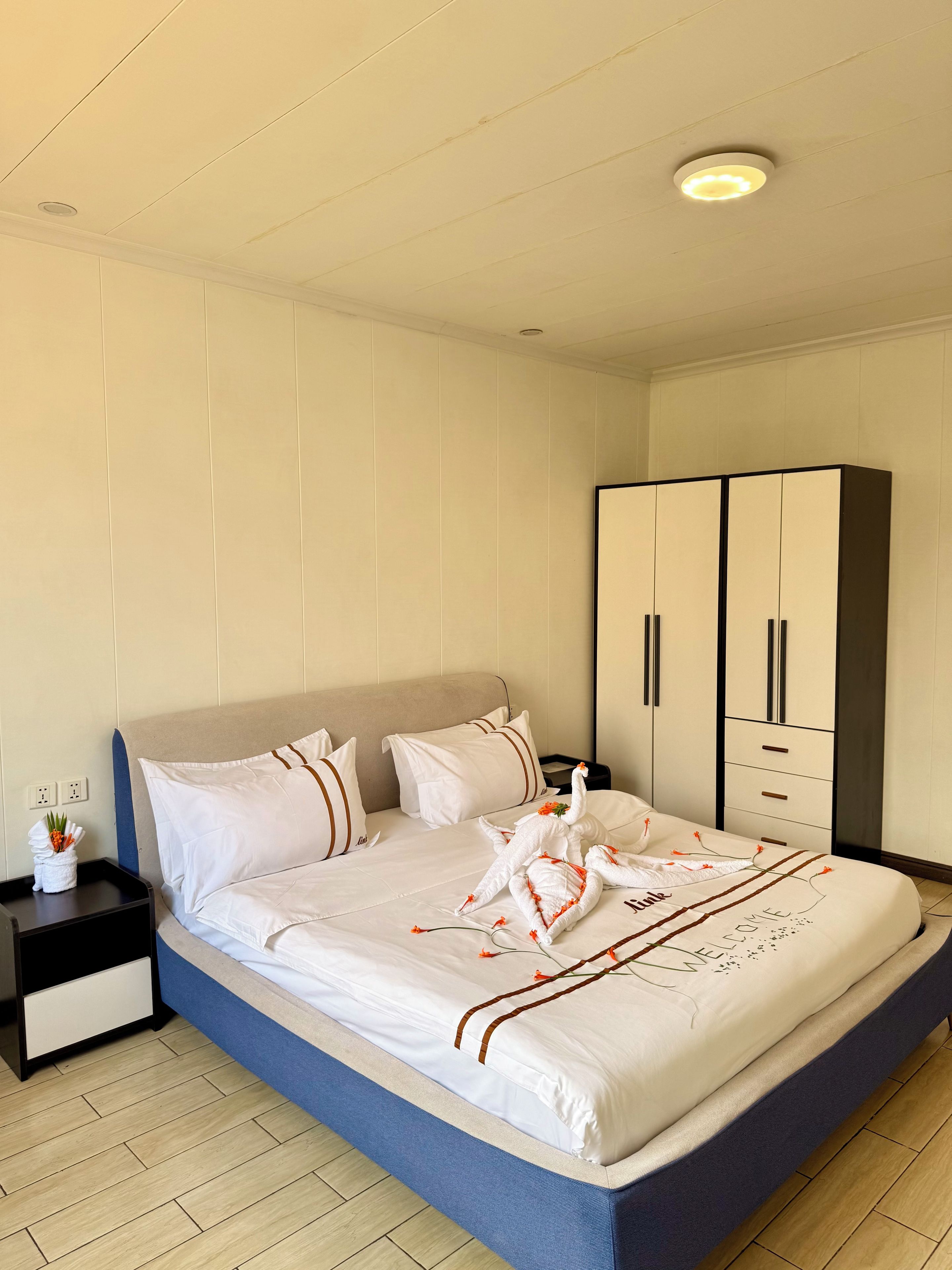 A hotel room with a large bed, a wardrobe, and a nightstand with a lamp.