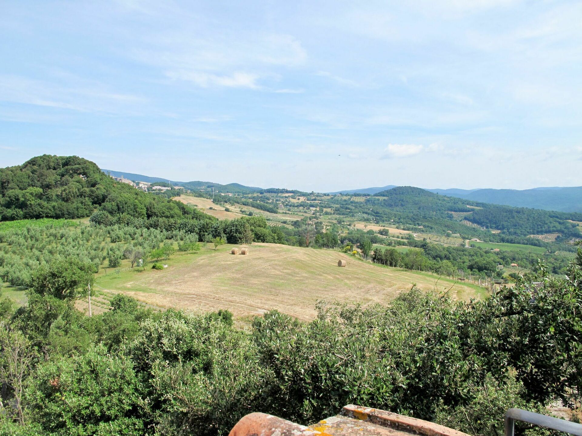 Ein weiter Panoramablick über eine hügelige Landschaft mit blauem Himmel, sanften Hügeln, vereinzelten Bäumen und ein paar Heuballen auf einem Feld.