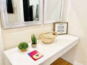 Hair dryer, towels, soap, shampoo