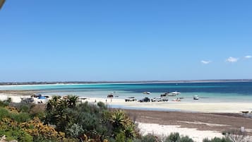 On the beach, sun-loungers