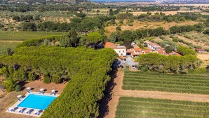 An aerial view of a property with a swimming pool surrounded by trees, a few buildings, and expansive fields. - Nice apartment for 6 people with A/C, pool, WIFI, TV and terrace (Scarlino)