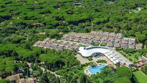 Vue aérienne d’un quartier résidentiel avec une grande piscine entourée de maisons et d’une végétation luxuriante.