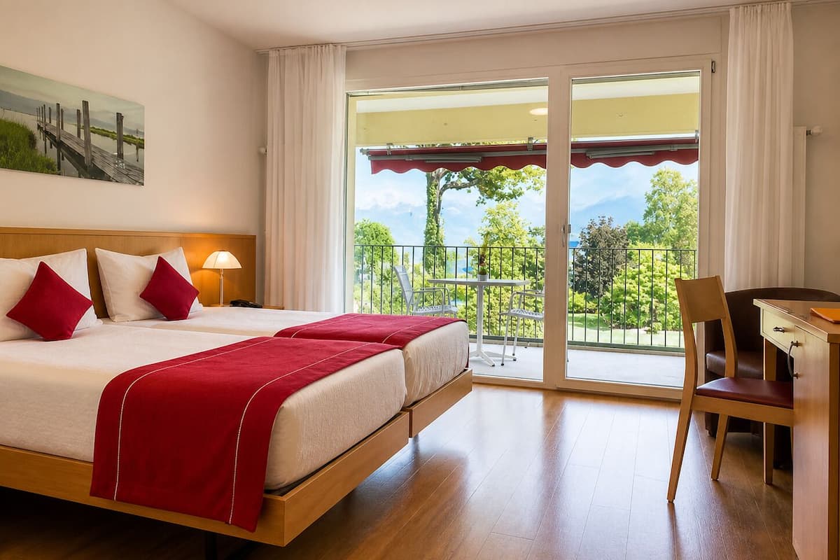 A hotel room with a bed, a desk, and a balcony with a view of greenery and mountains.
