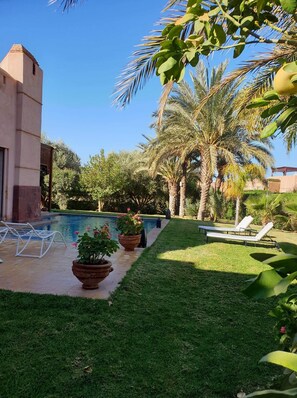 A pool area with lounge chairs, palm trees, and a building with a flat roof.