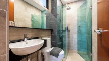 A modern bathroom with a white sink, a glass shower enclosure, and a toilet.