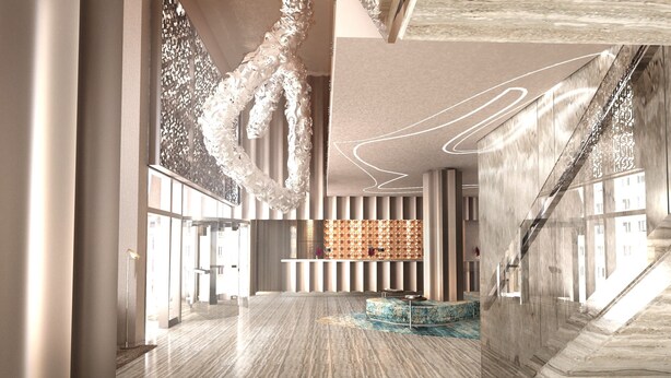 A spacious lobby with a marble floor, a central seating area, and a modern ceiling design. - Jouri A Murwab Hotel (Doha)
