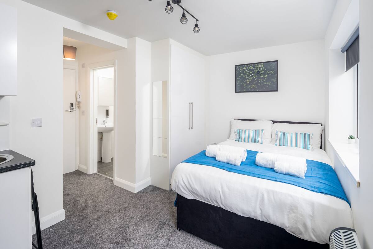 A hotel room with a bed, a bathroom, and a small kitchenette.