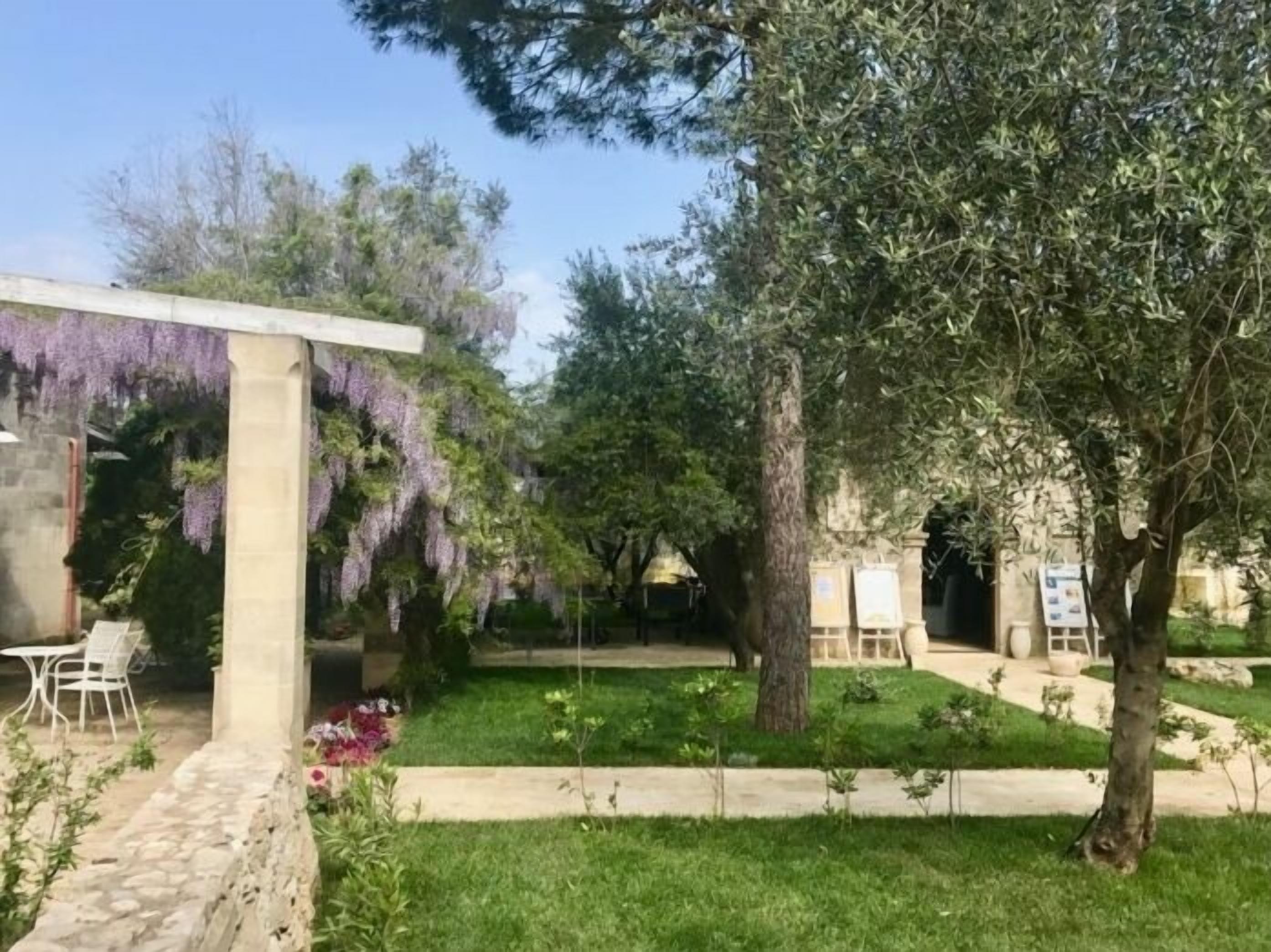 A courtyard with a pergola covered in purple wisteria, a stone bench, and a small table with chairs.