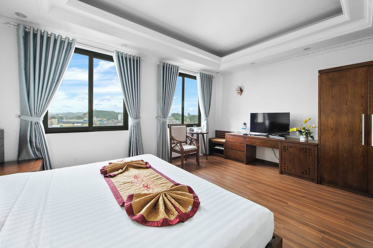 A hotel room with a large bed, a desk with a TV, and a view of the city through the windows.