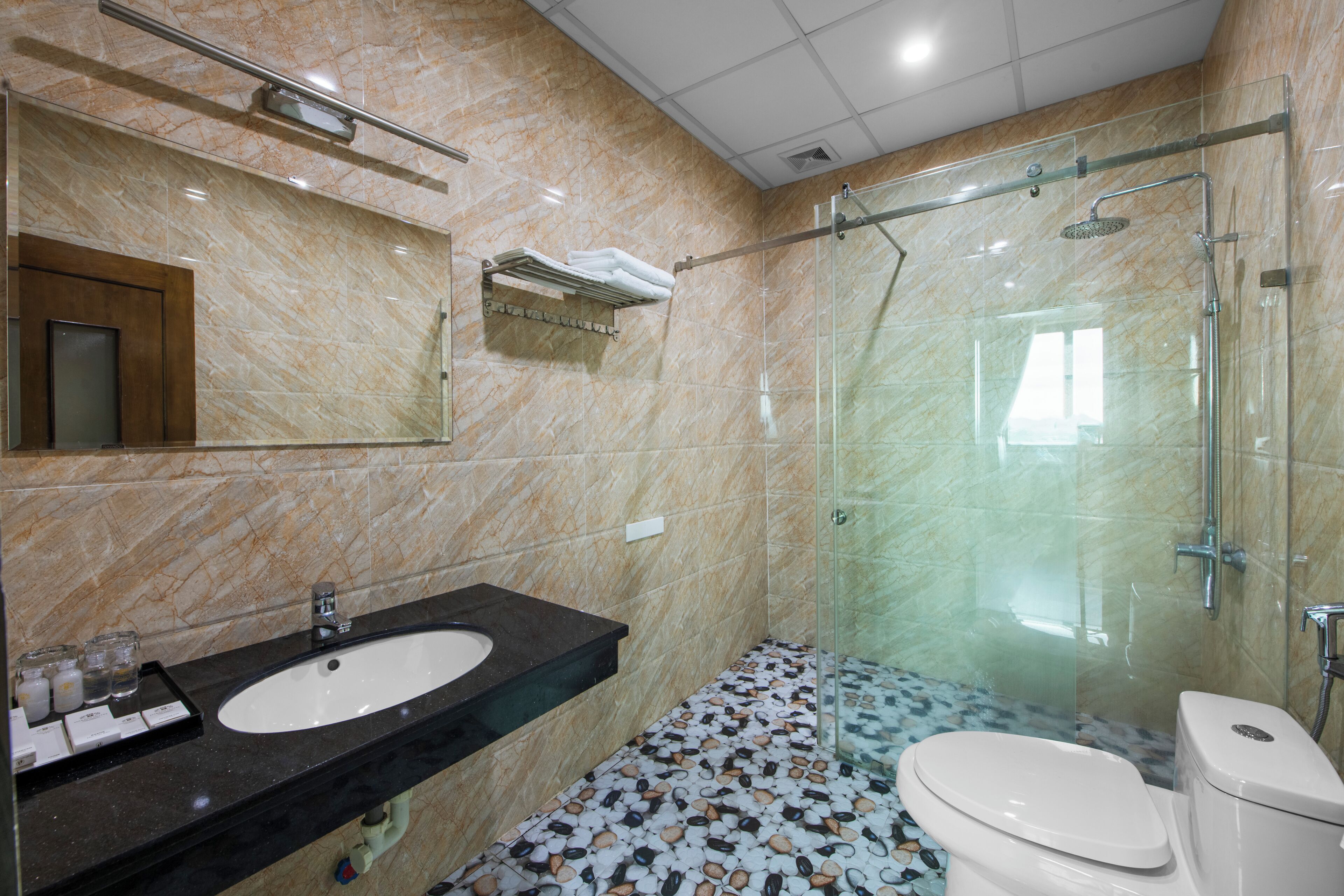 A bathroom with a marble wall, a glass-enclosed shower, a sink, and a toilet.