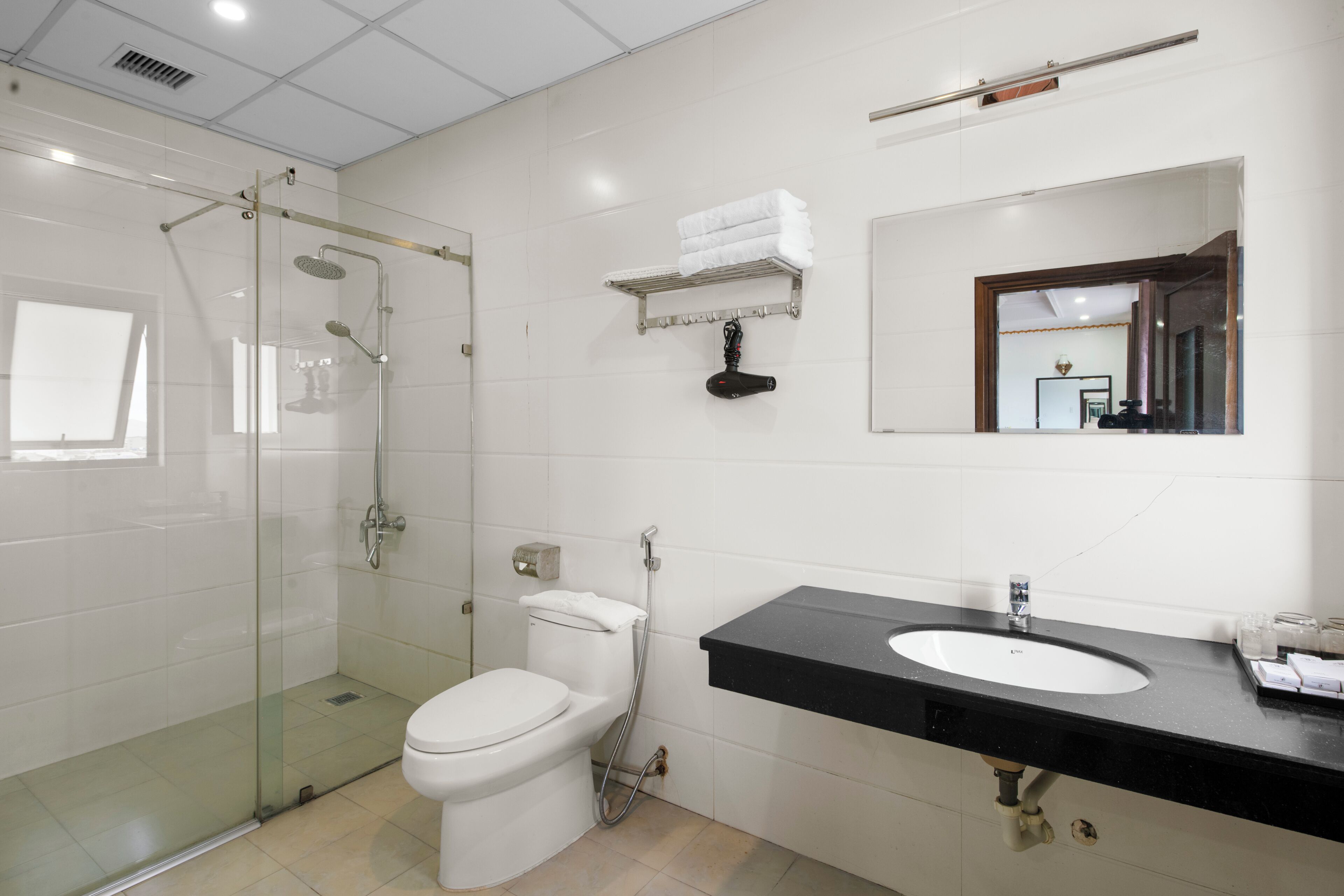 Ein modernes Badezimmer mit Duschkabine, weißer Toilette, schwarzem Waschbecken und Spiegel.