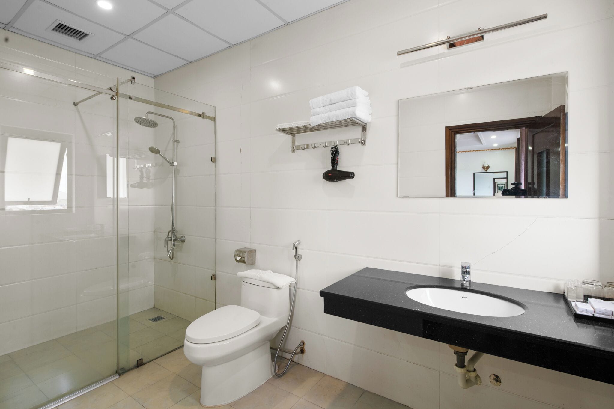 A bathroom with a glass-enclosed shower, a white toilet, a black sink, and a mirror.