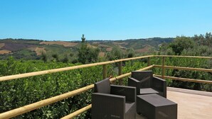 A terrace with wicker furniture overlooking a vineyard and rolling hills. - Nice apartment in villa for 6 people with pool, WIFI, TV and terrace (Atessa)