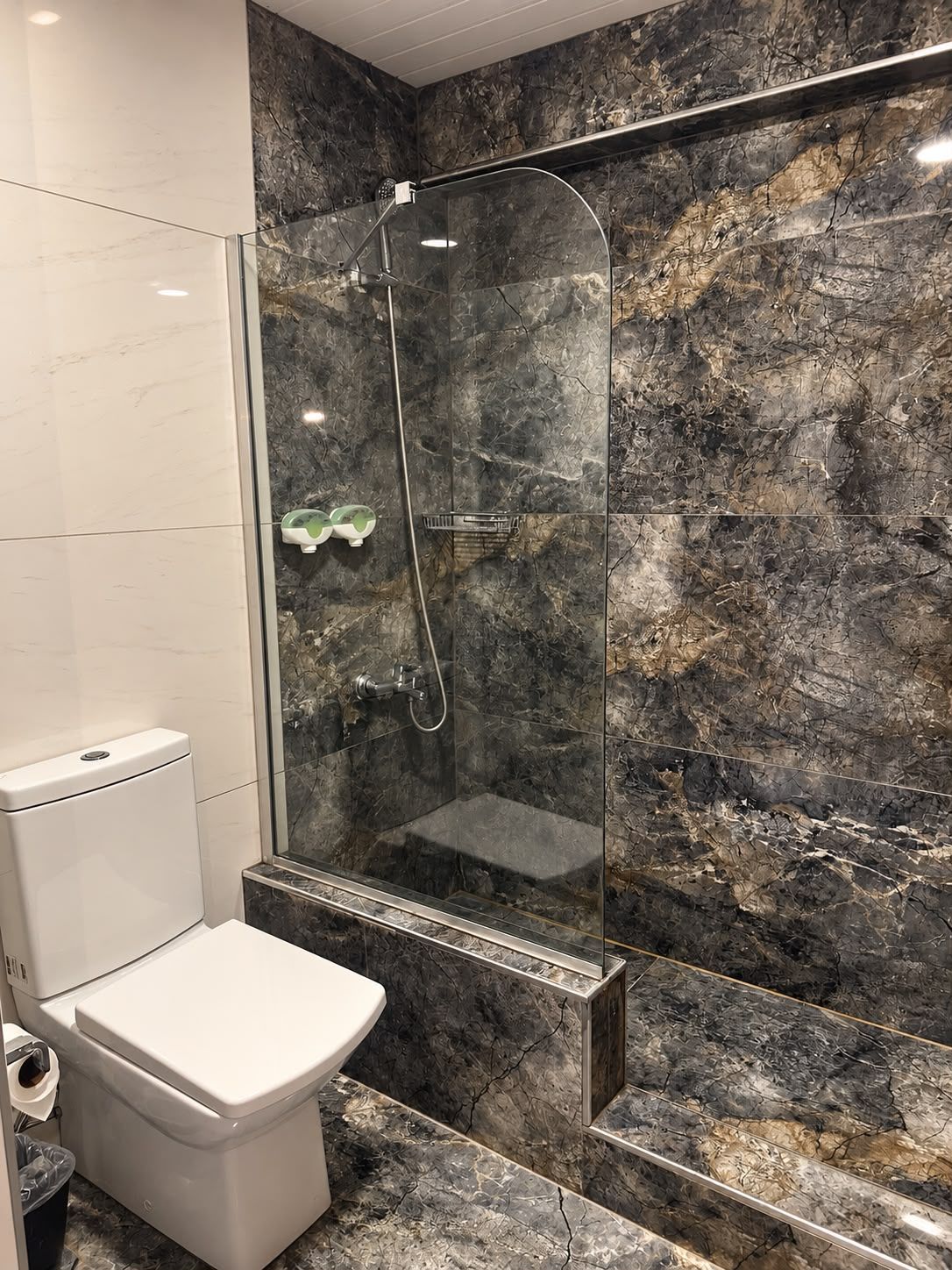 A bathroom with a glass-enclosed shower, a toilet, and marble walls.