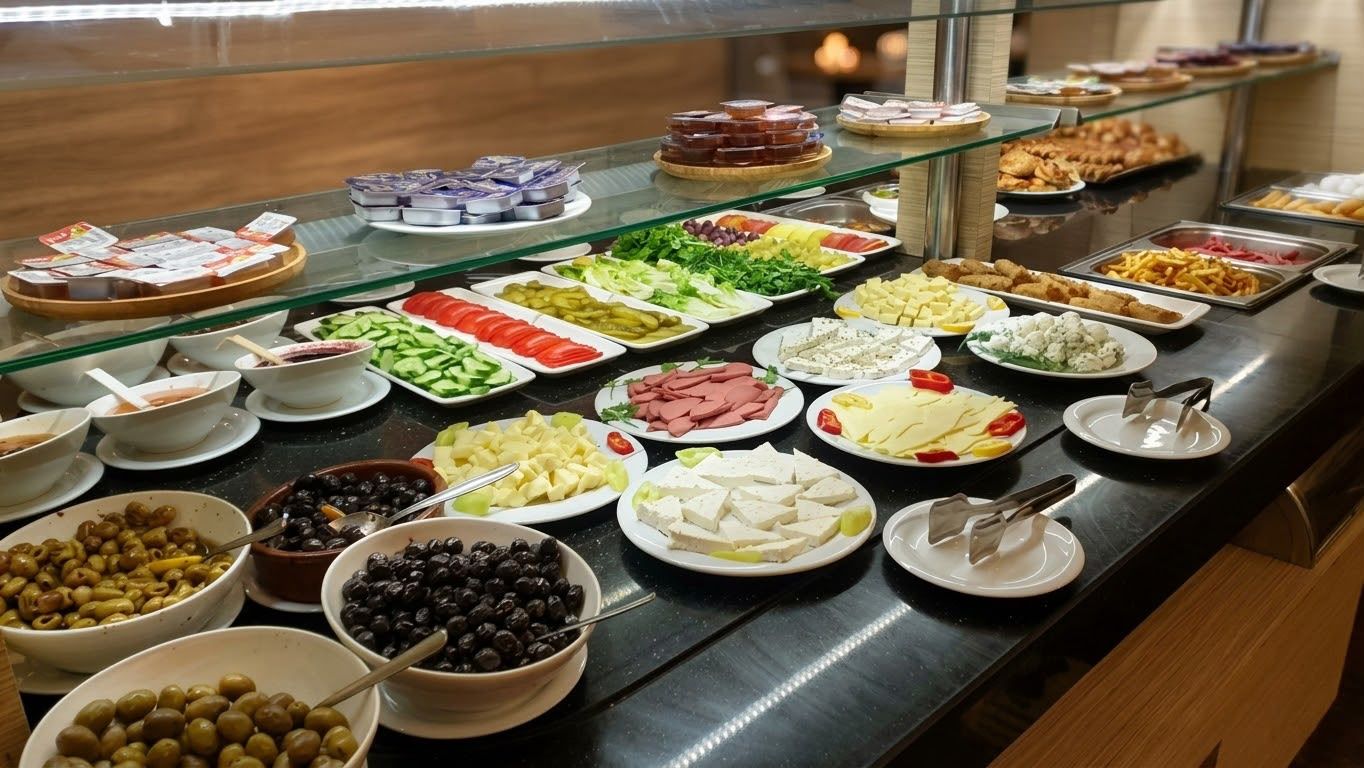 A buffet with various food items including salads, meats, cheeses, and olives.