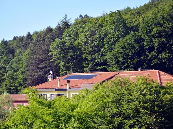 A house with a red-tiled roof, solar panels, and surrounded by dense green forest.