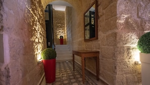 A narrow stone corridor with a tiled floor, a wooden table, and a potted plant. - 39 St. George (Victoria)