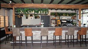 Zona de bar con mostrador y cuatro taburetes. Hay plantas colgando sobre el mostrador, y una estantería con botellas y vasos detrás.
