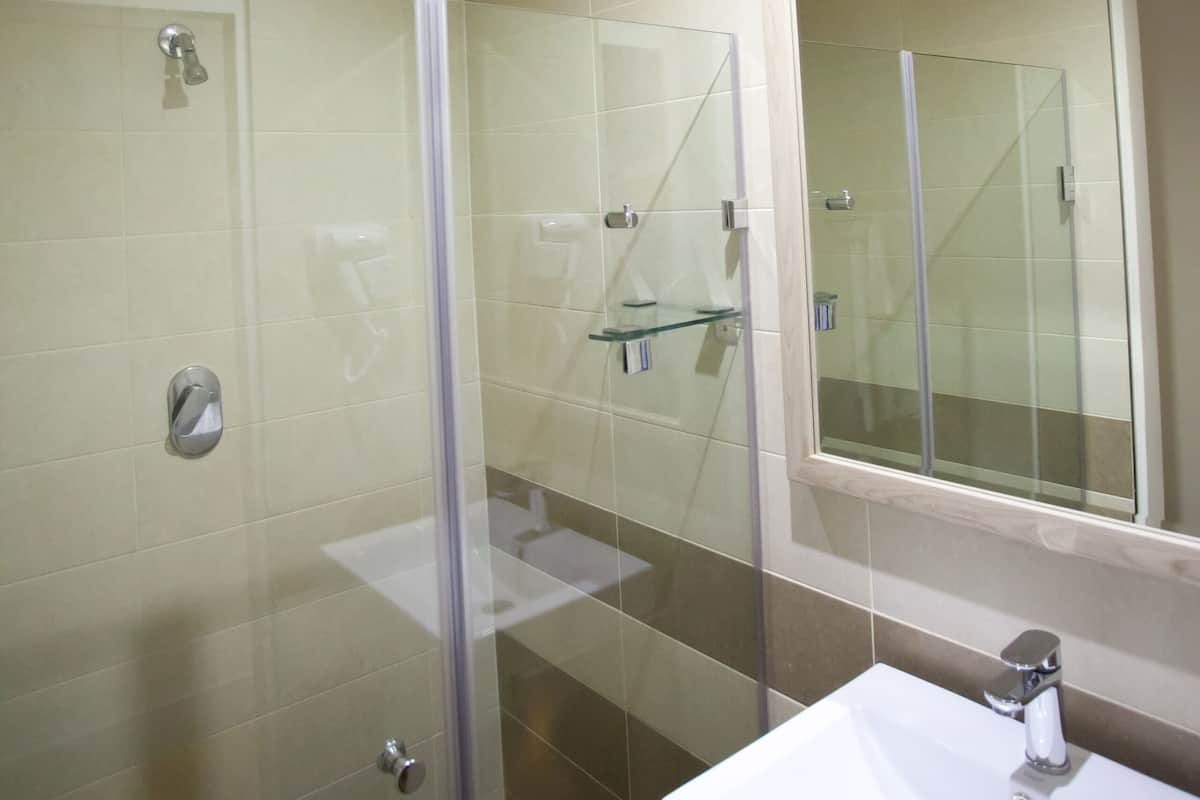 Regadera, amenidades de baño de diseñador, secadora de cabello, toallas