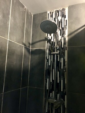 Shower, hair dryer, bidet, towels