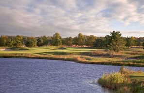 A golf course with a water body, trees, and a cloudy sky.