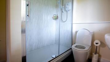 Un baño con ducha de vidrio, inodoro blanco y dispensador de papel higiénico.