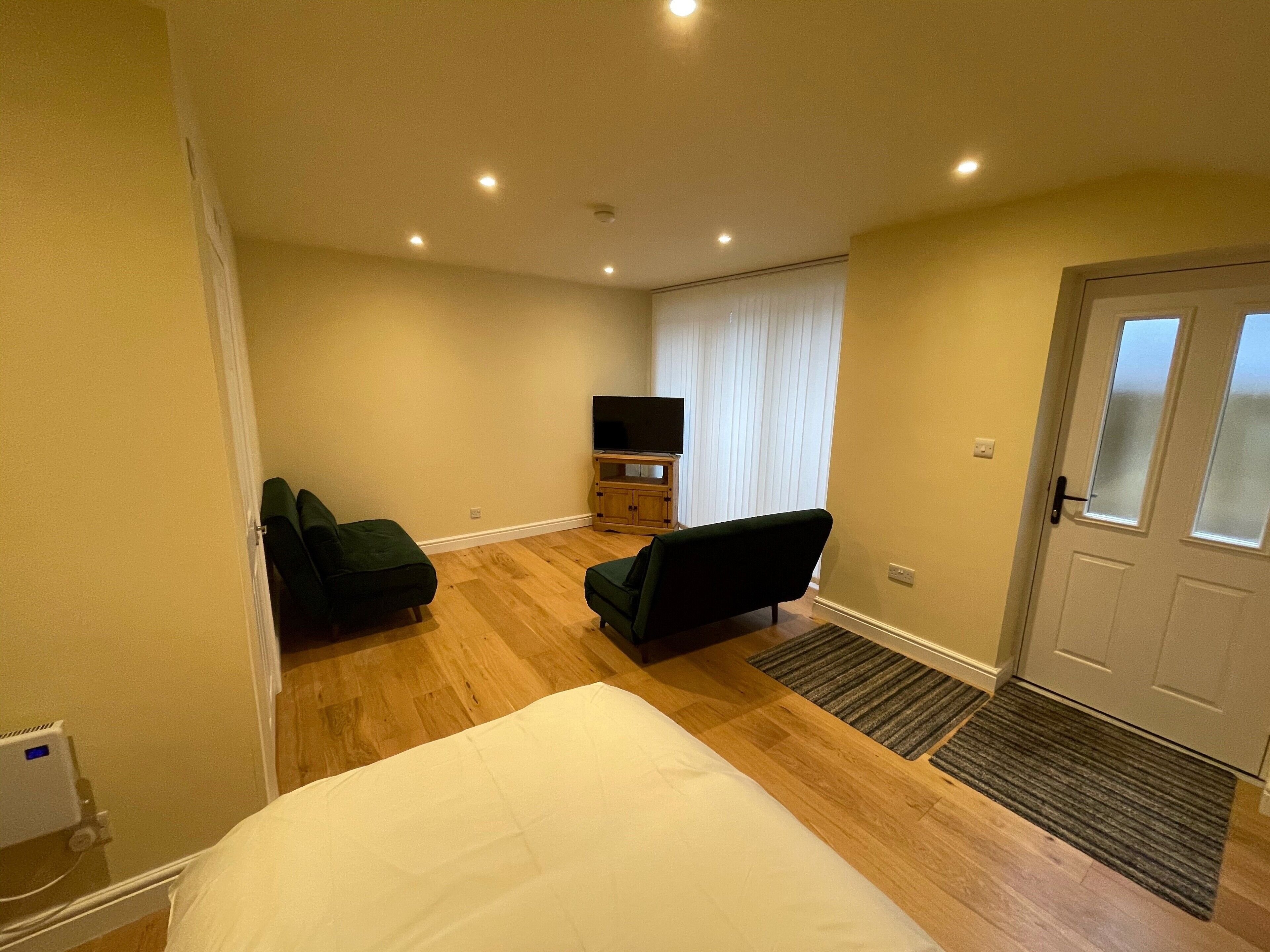 Habitación de hotel con una cama, dos sillones verdes, un televisor sobre un mueble de madera y una puerta con paneles de vidrio esmerilado.
