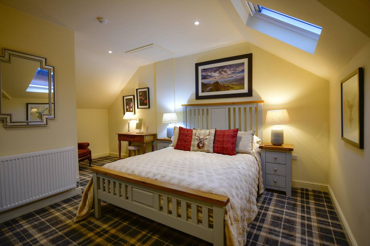 A bedroom with a large bed, a skylight, a radiator, a chair, a desk, and a lamp.