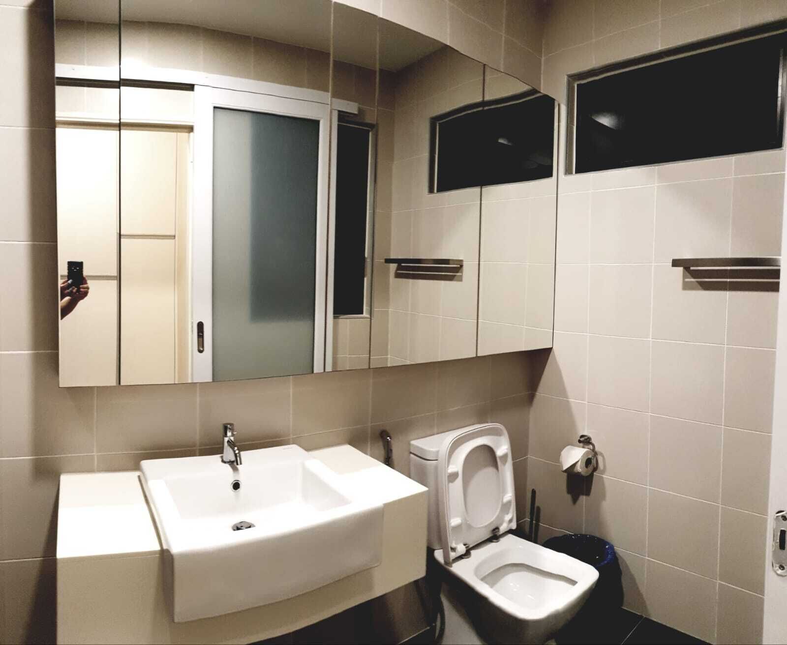 A bathroom with a white sink, a toilet, and a mirror.