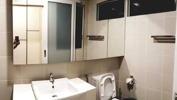 A bathroom with a white sink, a toilet, and a mirror.
