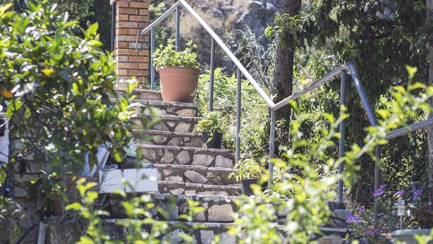 A stone staircase with a brick chimney and metal railing, surrounded by greenery and trees.