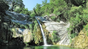 Une cascade naturelle se jetant dans un bassin d’eau claire, entourée d’un paysage rocheux et d’une végétation luxuriante.
