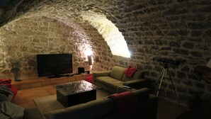 A cozy living room with a stone wall, a flat-screen TV, a sofa, a coffee table, and a telescope.