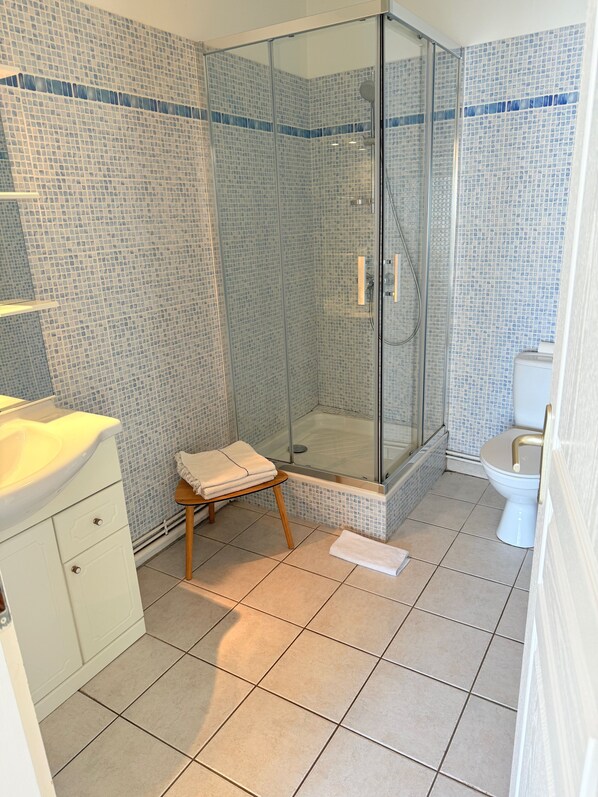 A bathroom with a glass-enclosed shower, a white sink, and a toilet. - Air-conditioned villa with garden in the center of Marseillan (Marseillan)