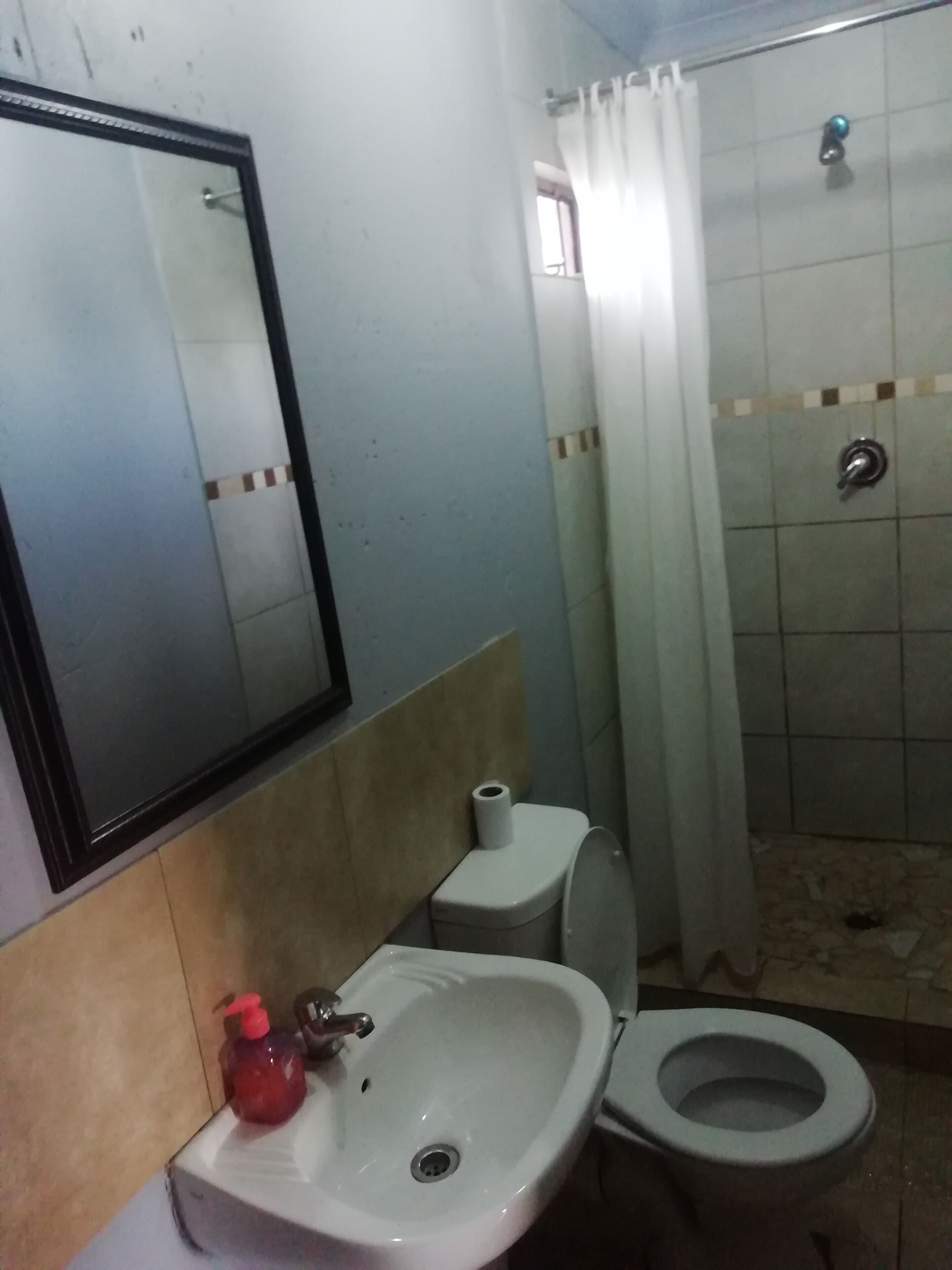 Een badkamer met een wastafel, toilet en douche.