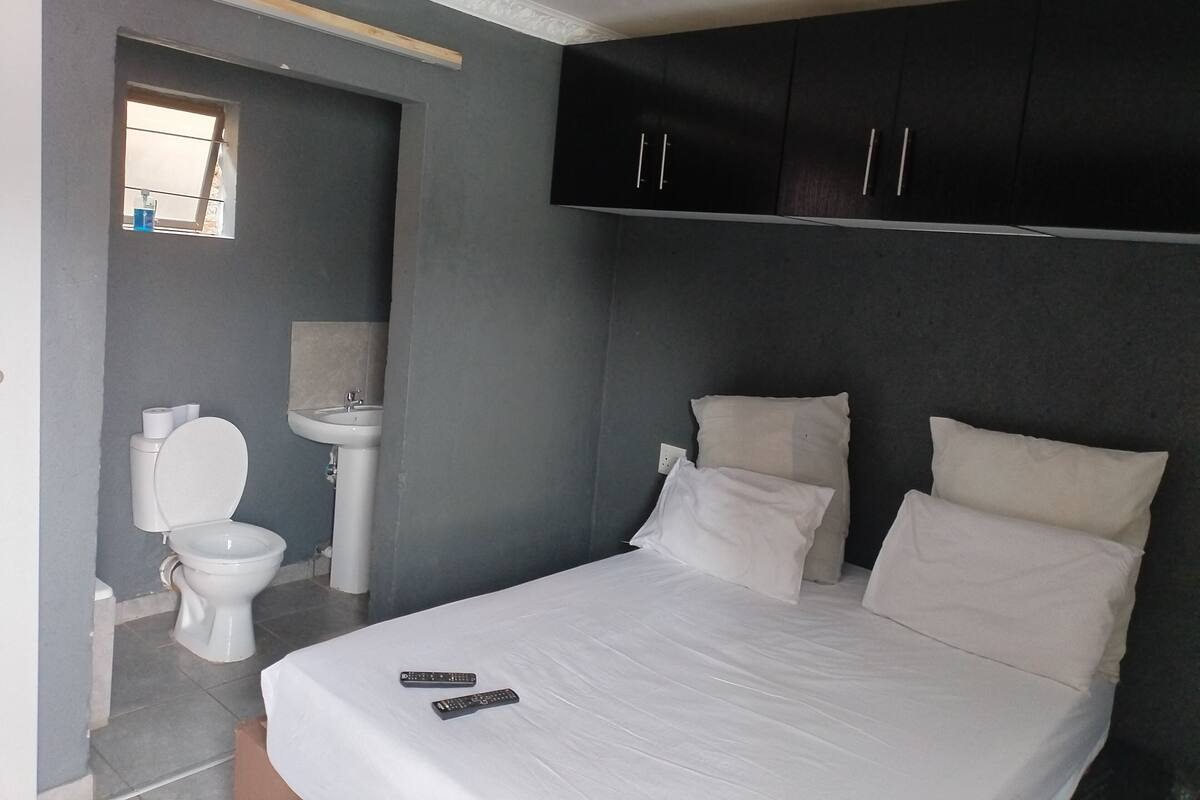 A bedroom with a bed, two pillows, a remote control, a toilet, and a sink.