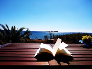 An open book on a wooden bench with a view of the sea and a distant ship.