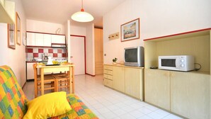 Un espacio habitable compacto con kitchenette, un sofá con una manta colorida, un televisor y un microondas.