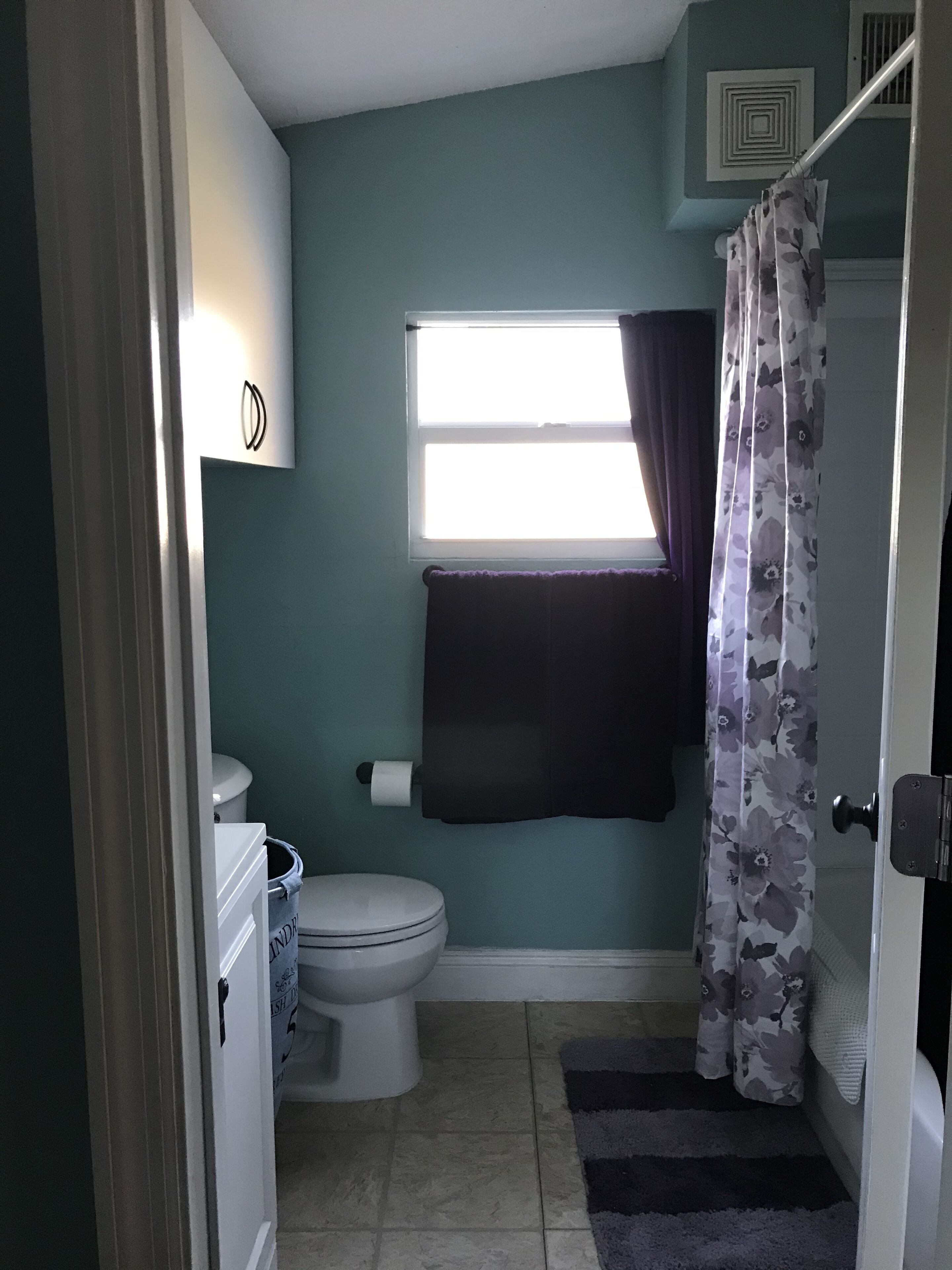 A small bathroom with a toilet, a window with a curtain, and a striped rug.