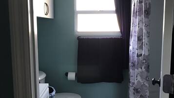 A small bathroom with a toilet, a window with a curtain, and a striped rug.